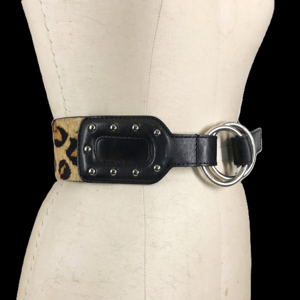 Michael Kors Belt Black Leather Leopard print fur Studded wide cinch belt